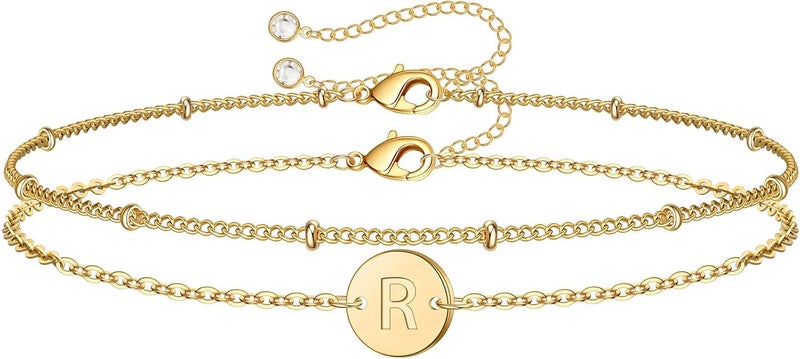 MONOZO Gold Initial Bracelets for Women Girls Valentines Day Gifts - Dainty 14K Gold Plated Layered Beaded Letter Initial Bracelet 26 Alphabet Disc Monogram Charm Bracelet Valentines Day Gifts for Her - Image 1